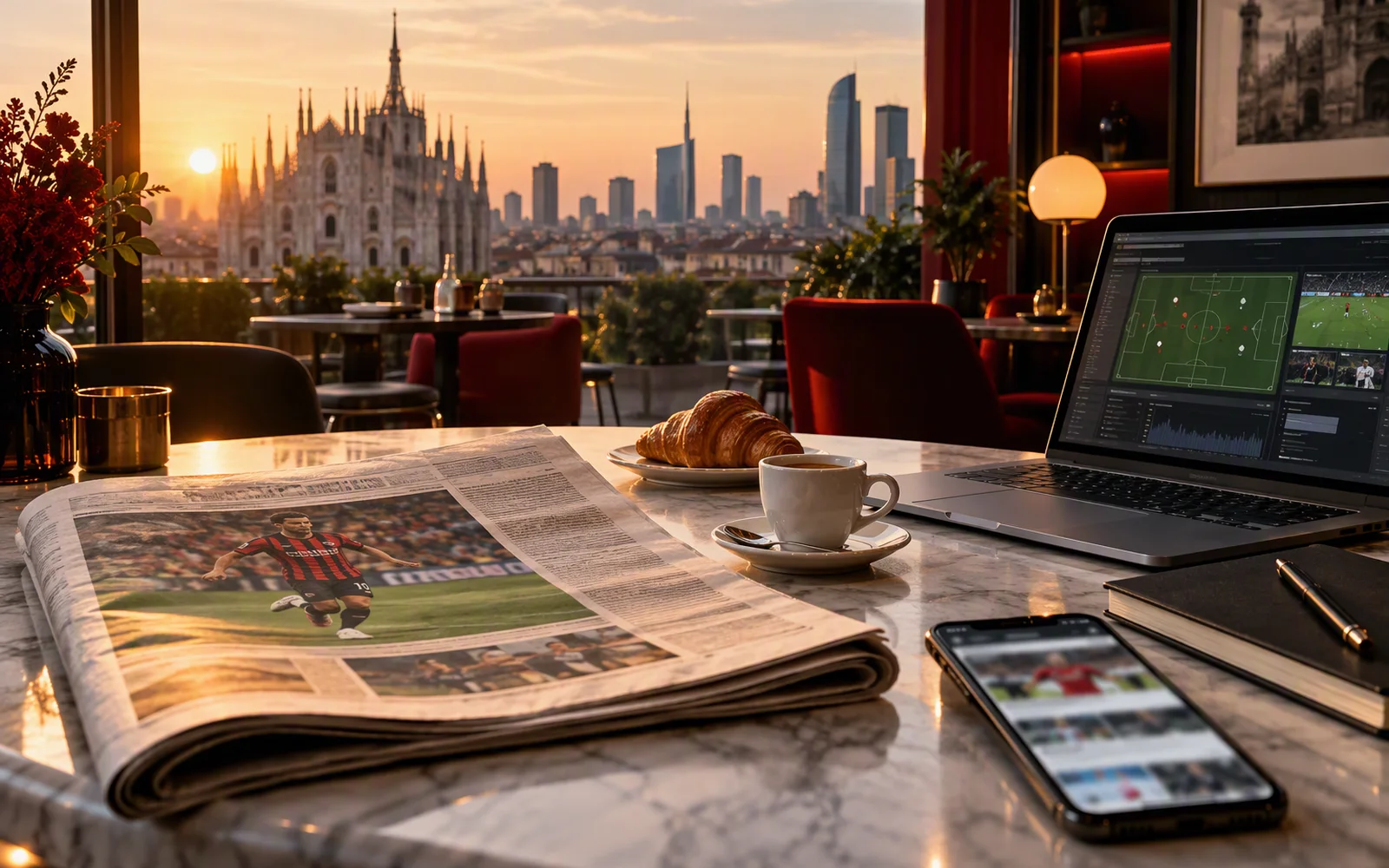 Newspaper, coffee and laptop on a table overlooking the Duomo and Milan